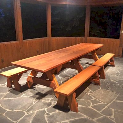 Heritage Large Wooden Picnic Table (Options: 12' L, 36" W, Side Benches, Unattached Benches, 2 Half Length Benches Per Side, Standard Tabletop, Slightly Rounded Corners, No Umbrella Hole, Transparent Premium Sealant). Photo Courtesy of M. Labac of Golden, Colorado.